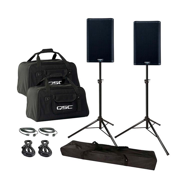 qsc k82 k2 series 8 two way 2000w active speakers with tripod stands and carry cases package ba7